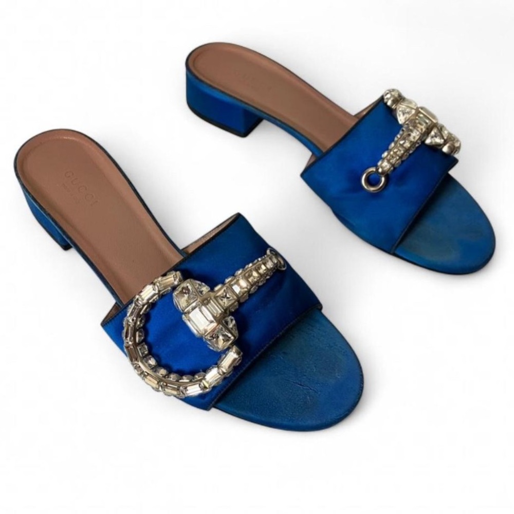 Gucci Royal Blue Satin Maxime Crystal Horsebit Slide Sandals size 38.5